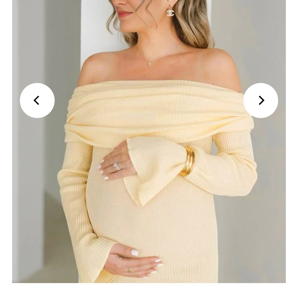 Off-Shoulder Ribbed Maternity Dress in Light Cream, Butter Yellow Dress